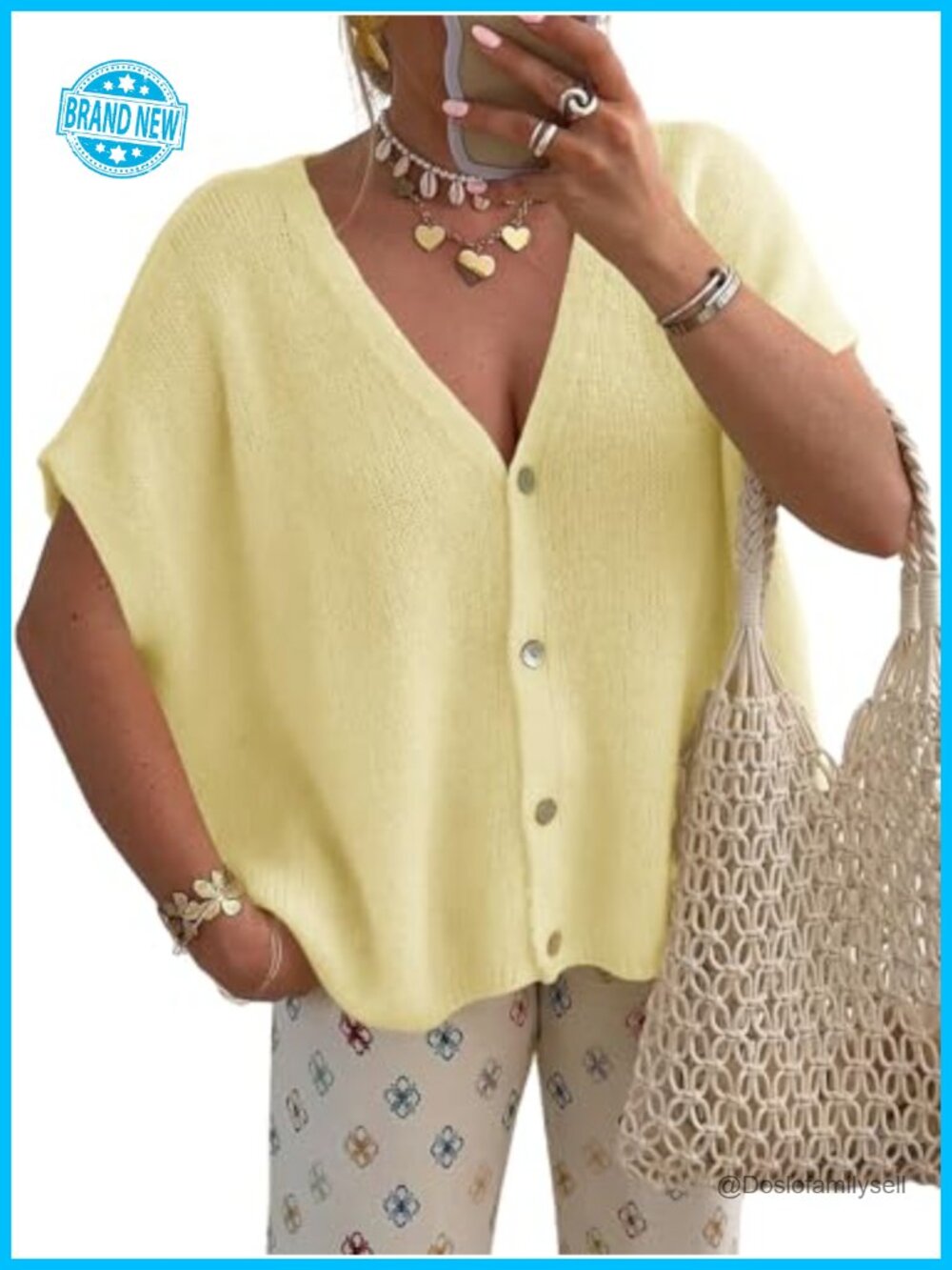 Short Sleeve Cardigan Sweater Oversized V-Neck Button Down Knit Top